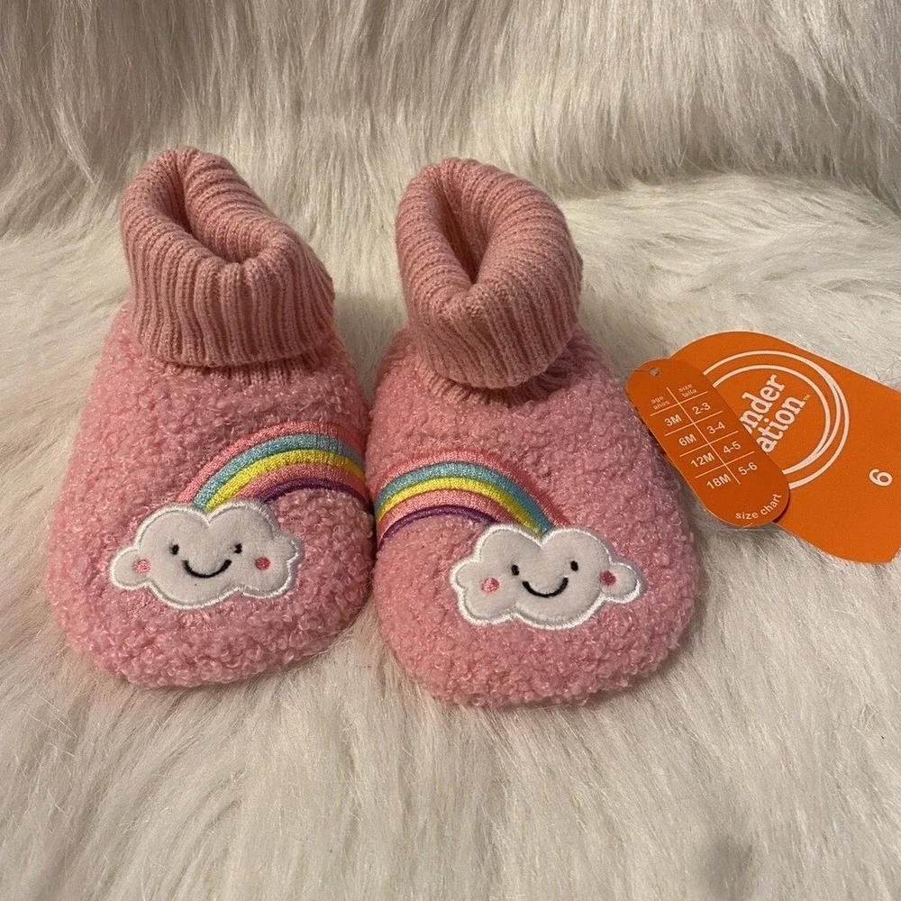 Wonder Nation Slippers Girls Size 6 Pink Fuzzy Rainbow Bootie Shoes 18 Months